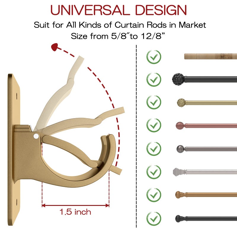 CIEMGNZOC 4PCS No Drill Curtain Rod Brackets  Self-Adhesive Curtain Rods No Drilling  Nail Free Adjustable Curtain Rod Holders  Curtain Hooks for Rod Less Than 1.57 Inch Diameter (Gold) - Image 2